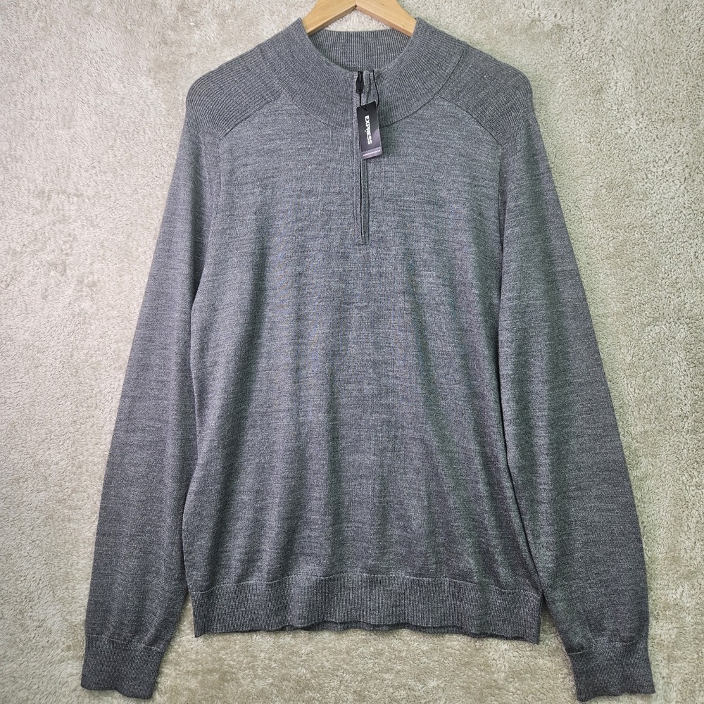 Express Merino Wool Blend Sweater Mens M Gray 1/4 Zip Pullover NWT Business